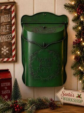 Christmas North Pole Post Green Mail Box Metal Tin
